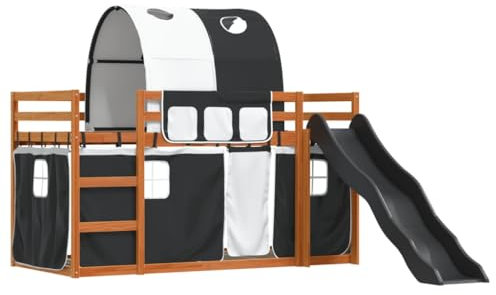 vidaXL Etagenbett, Kinderbett Spielbett mit Rutsche Gardinen, Hochbett Bett für Kinder, Stockbett Bettgestell mit Lattenrost Rausfallschutz, Weiß Schwarz 90x200cm