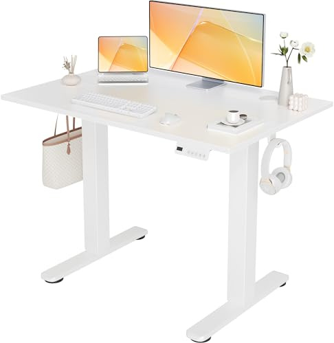 Seang Höhenverstellbarer Schreibtisch, Elektrischer Schreibtisch Höhenverstellbar, Stehpult mit 3 Memory-Funktion & 2 Kopfhörer-Haken, Tisch, Steh-Sitz Bürotisch, Standing Desk, （120 x 60 cm, Weiß）