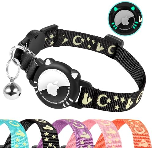 AgoumLux Airtag Katzenhalsband, Halsband Katze Halter Kompatibel mit Apple Air Tag, Reflektierend Katzenhalsband mit Glocke, GPS Tracker Halsband für Katzen, Schwarz, XS(17.5-23 cm)
