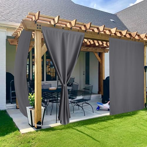 PONY DANCE Outdoor Vorhang Wetterfest 2er Set H 213 x B 132 cm Outdoorvorhänge mit Klettverschluss und Verdeckten Schlaufen für Pavillon & Terrasse Outdoor Gardinen Wasserdicht, Grau