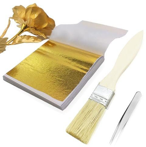 Gold Leaf Sheets, 200 Sheets Gold Foil Imitation Gold Leaf Paper with Brush Tweezer for Paintings Crafts Nail Cakes Picture Frames Makeup Furniture Decoration (8cm x 8.5cm)