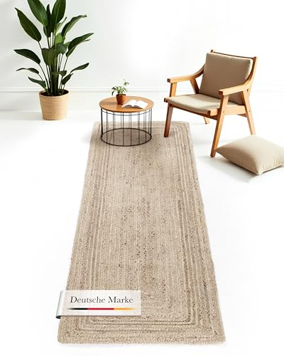 carpetfine Juteteppich Nele Läufer Brücke Taupe handgewebt aus Jute 70x200 cm | Moderner Naturfaserteppich im Boho Style für Küche, Flur und Brücke