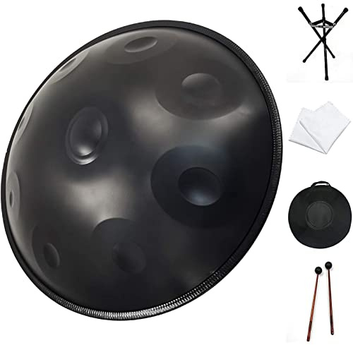 Handpan Schlagzeug Instrument, Handtrommel aus Stahl in D-Moll mit Softtasche, 2 Hämmern, Ständer und Staubtuch - Komplettset für Musiker und Anfänger