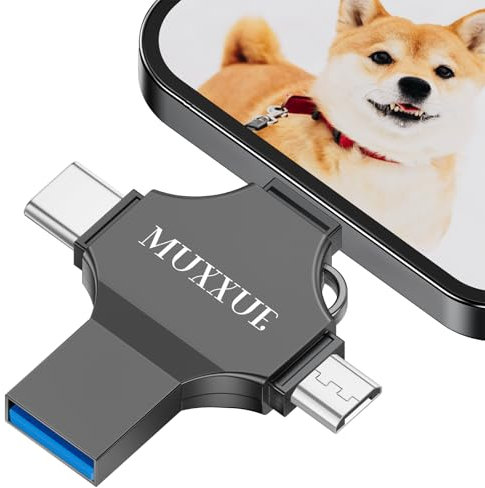 No Necesita App，MUXXUE 4 in 1 Pendrive Phone 128GB, Memoria USB para Phone Pad Android OTG Tablet PC,Pen Drive para almacenar Fotos y Videos (Gris)