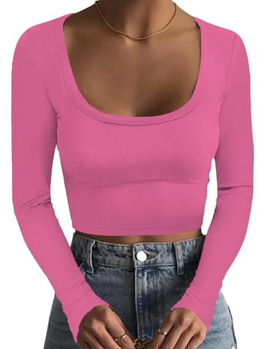 DUOEASE Magliette Donna Manica Lunga Slim Fit a Coste Crop Top Donna Girocollo Casual Top Elegante Autunno