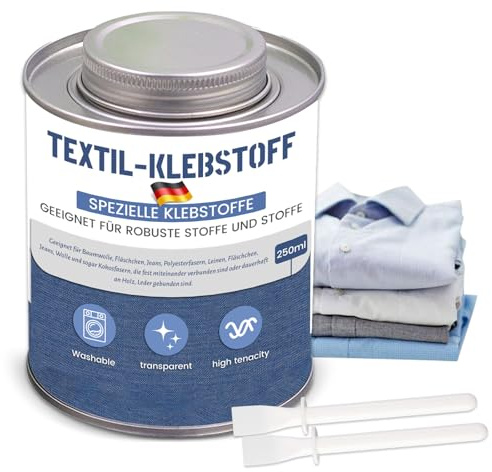 Spezialkleber Textil, 250ml Textilkleber, Klarer Waschbarer Stoffkleber für Baumwolle, Flanell, Denim, Polyester und Weitere Stoffarten, Ideal für Kleidung, Heimtextilien und Reparaturen