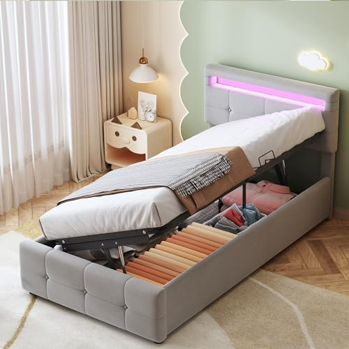 Gxffipw Polsterbett Einzelbetten 90x200 cm mit LED-Licht und Verstellbares Kopfteil, Hydraulisches Bett mit Stauraum, Jugendbett Stauraumbett Bettgestell mit Lattenrost, Samt, Grau, Ohne Matratze