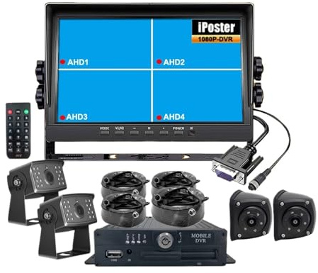 Monitor VGA con schermo IPS da 10,1 pollici registrazione in loop AHD 1080P MDVR a 4 canali Vista a 360 gradi Telecamere posteriori laterali for autobus camion(None)