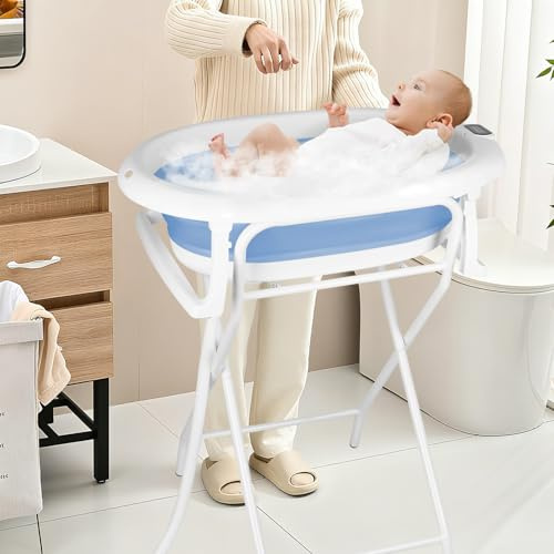 Bañera para bebé con marco de 90 cm, bañera plegable para bebés con bandeja de bañera, bañera para bebés con soporte y desagüe, desde el nacimiento hasta los 2 años (azul, 81 x 47 x 90 cm)