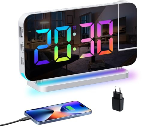 Venchin Wecker Digital: Projektionswecker 180°Projektor, Tageslichtwecker mit Netzteil USB-A & USB-C Ladeanschluss Snooze 12H/24H DST 7,4 LED Tischuhr Modern Digitaluhr Kinder