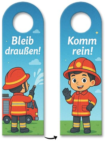 Feuerwehrmann Cartoon Bleib draußen! Komm rein! Türhänger mit Spruch für Kinder Lustige Kindertür-Deko perfekt als Feuerwehrgeschenk