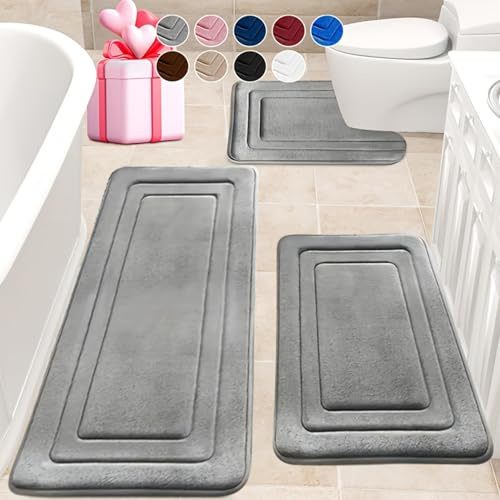 Swsen Grau Badematten Set 3-teilig – rutschfest & Waschbar Badteppich Set aus Coral Fleece, Weiche Hochflor Badezimmermatten für Dusche, Badewanne & WC-Vorleger mit Ausschnitt