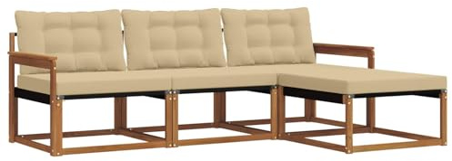 Mhdvray Juego de muebles de jardín de madera de acacia maciza, conjunto de sofá para exterior con tapicería, conjunto modular de salón para jardín y terraza, color natural y beige, 249,5 x 162,5 cm
