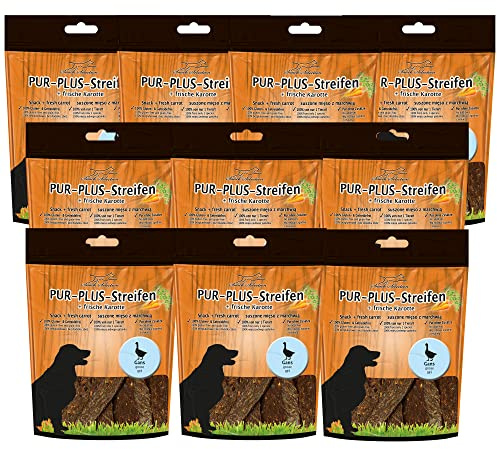 PUR Plus Lot de 10 bandes à mâcher à mâcher 100 g à l'oie et à la carotte 100 % sans gluten, sans céréales, sans autres ingrédients, sans additifs, idéales pour les chiens sensibles et les personnes
