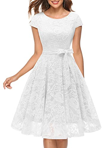 MUADRESS Women Cap-Sleeve Lace Floral Elegant Cocktail Dress Crew Neck Knee Length Bridesmaid Prom Dresses for Party White L
