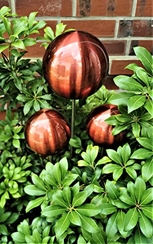 Rosenkugel 3er Set 15-10-10 cm Edelstahl rot matt gebürstet mit Stab 80 cm Beetstecker Gartenstecker