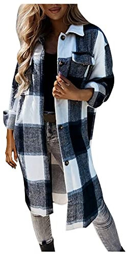 Manteau Long Femme Hiver Chaud Veste En Laine à Carreaux Manches Longues Chemise Longue à Revers à Bouton Vêtements D'extérieur Décontractée Ample Lâche Pull Blouse Tops Grande Taille Pas Cher