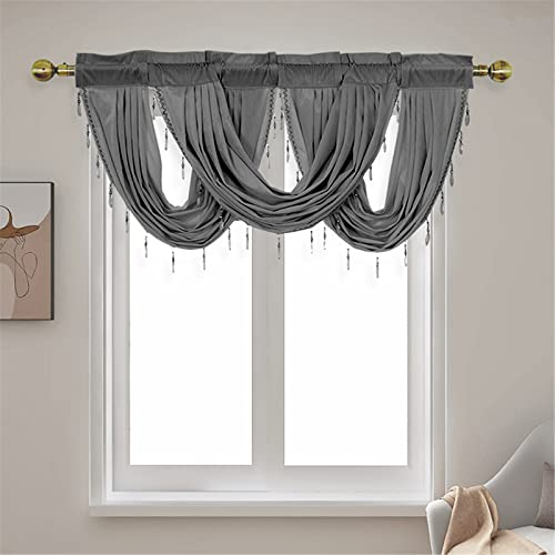 EXQULEG Schöne Fertiggardine Fenstergardine Gardine aus Flanell mit Quaste Perlen Kurz Modern Fenster Vorhänge Blickdicht Vorhänge für Schlafzimmer Wohnzimmer (Grau)