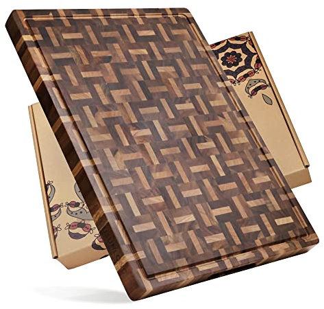 YOUSUNLONG Schneidebrett XXL Groß Akazienholz gemischt mit Eiche - 61x46x3.8 cm - Reversible Metzger Schneidebrett mit tiefen Saft Rille und Handle - Käsebrett & Charcuterie-Brett & Kochfeld-Brett