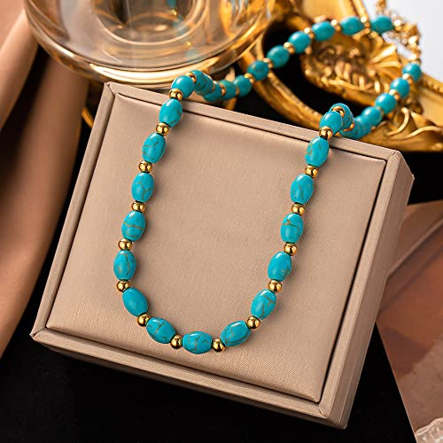 LODMLOER Natürliche Türkis Halskette, Ovale Natürliche Türkis Perlen Halskette Boho Halskette Yoga Amulett Glück Halskette Geschenk Für Frau Freundin Mama