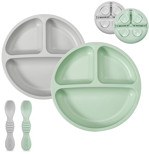 PandaEar Set de Alimentación para Bebés de Silicona | 2 Platos Divididos con Ventosa de Silicona y 2 Cucharas | Utensilios de Autoalimentación para el Destete del Bebé (Verde/Gris)