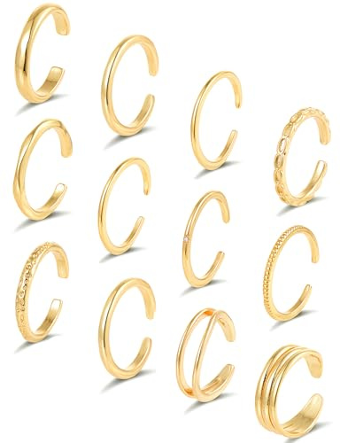 Tornito 12Pcs 18K Gold Filled Toe Rings Minimalist Thin Wire Cubic Zirconia Summer Beach Toe Rings Open Adjustable Foot Jewelry for Women Gold Tone