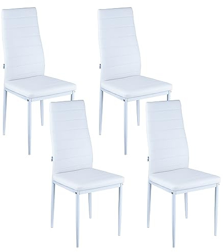 Baroni Home Set di 4 Sedie da Pranzo con Schienale Alto e Seduta Ergonomica con Cuciture Decorative, Sedie Eleganti Imbottite in Ecopelle con Struttura in Acciaio, 40X48X96 cm, Bianco