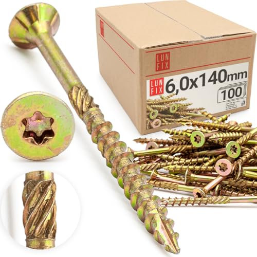Vis à bois Torx 6,0 x 140 mm (100 Pièces), tête fraisée avec nervures de fraisage, universelle jaune zinguée en acier pour aggloméré, panneau bois, terrasse, menuiserie et charpente, Lun Fix