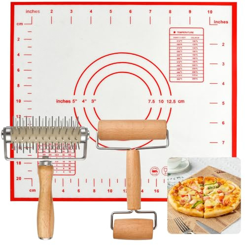Elesunory 3pcs Pizza Tool Set, Include Pizza Docker, Pizza Dough Roller and Silicone Baking Mat, Dough Docker, Non Slip Baking Mat, Wooden Rolling Pin for Pizza, Cookie, Pie, Pastry, Bread