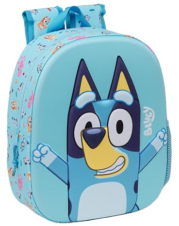 Safta BLUEY Sac à dos d'école, design 3D, adaptable au chariot, idéal pour les enfants de différents âges, confortable et polyvalent, qualité et résistance, 27 x 10 x 33 cm, bleu ciel, bleu clair,
