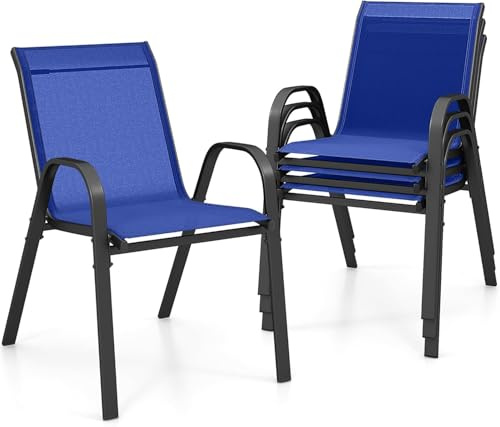 GIANTEX Gartenstühle Stapelbar 4er Set, Stapelstühle aus Textilene & Metall, Gartenstuhl Hochlehner mit Armlehnen, Balkonstuhl 150 kg belastbar, Terrassenstühle 56x70x84 cm (Marineblau, 4 Stück)