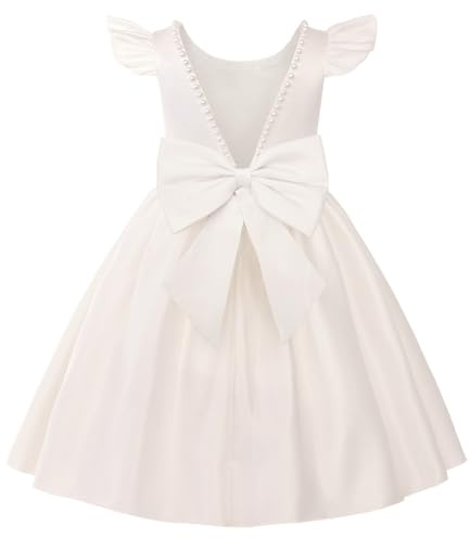 Uhnice Mädchen Blumenmädchen Kleid Satin Perlenbesatz Flatterärmel Knielanges Festliches Kleid mit Abnehmbarer Schleife (90, Elfenbein)
