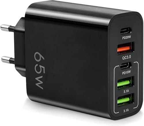 Cargador de movil Cargador USB 5 Puertos de Carga 65W Carga rápida Adaptador USB C Cargador Universal Apto para Todo Tipo de Dispositivos móviles (Negro)