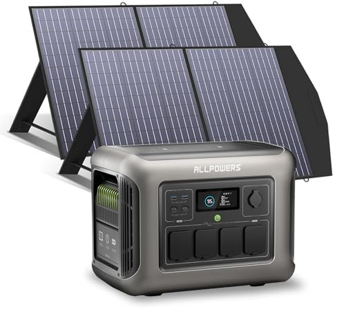ALLPOWERS Powerstation R1500 mit 2x 100W Solarpanel, 1152Wh LiFePO4 Solargenerator, 1800W AC/100W USB-C Ausgang,1 Std. Schnellladung für Camping, Wohnmobil, Notfall