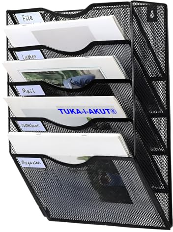 TUKA-i-AKUT 5 nivåer hängande filhållare A4 landskap, metallnät tidningsställ med etikettdesign, väggmonterad dokumentorganiserare för tidskrifter, broschyrer, flygblad, bokstav, litteratur, svart