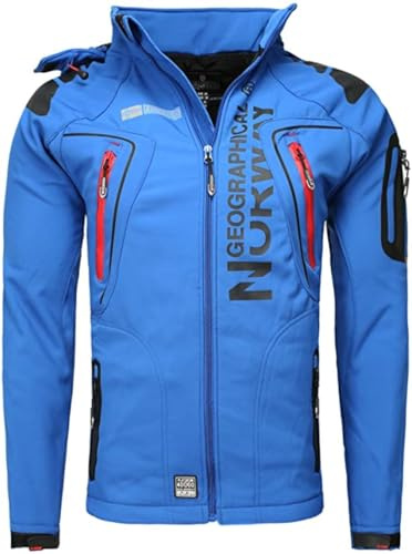 Geographical Norway Chaqueta softshell para hombre, resistente al agua, cortavientos, transpirable, chaqueta de entretiempo con capucha, Brandiing- Production, azul, M