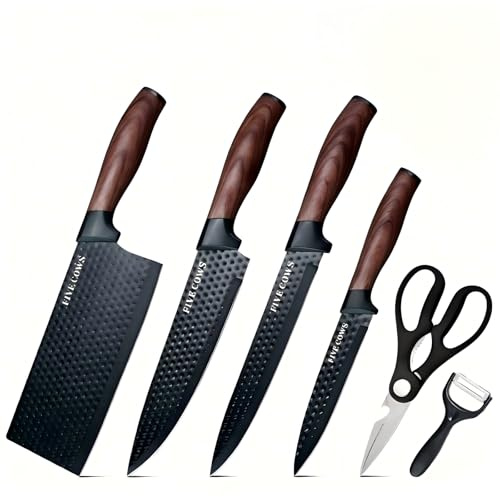 FIVE COWS Küchenmesser-Set, 6-teilig, Küchen Messerset ink. Sparschäler, Küchenschere und Brotmesser, Edelstahl 304, Kochmesser Profi Messer, Fleischmesser Extrem Scharf, Geschenk zum Einzug