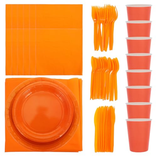 HEANUJJ Orange Party Tableware Set with Paper Plates, Cups, Napkins, Forks, Knives, Spoons and Pe Rectangular Tablecloth – Single Use Orange-themed Party Supplies for Birthdays, Weddings,