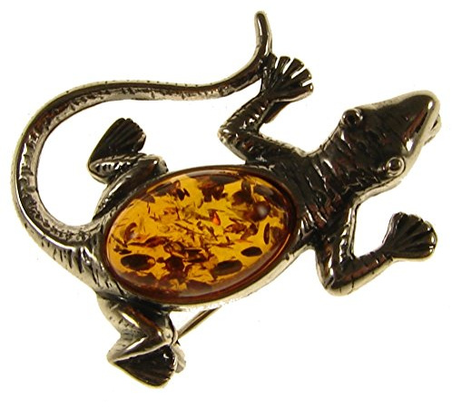 BALTIC AMBER AND STERLING SILVER 925 DESIGNER COGNAC LIZARD BROOCH PIN JEWELLERY JEWELRY