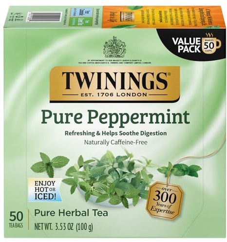 Pure Herbal Tea, Pure Peppermint, Caffeine Free, 50 Tea Bags, 3.53 oz (100 g), Twinings
