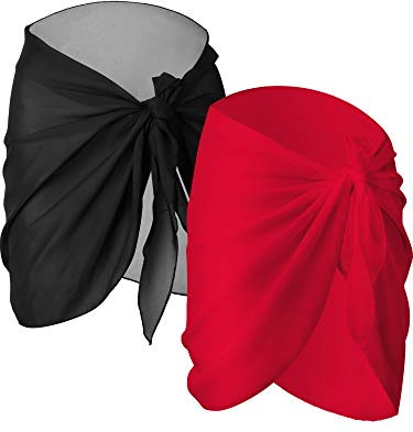 Pareos para mujer, falda de playa tipo pareo para bañador, cobertura para bikini, ropa de playa de gasa, 2 unidades, Negro y rojo, S