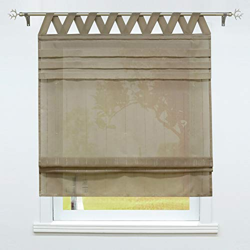 SCHOAL Raffrollo mit Schlaufen Gardinen Küche Raffgardinen Landhaus Schlaufenrollo Vorhänge Leinen Halbtransparent 1 Stück BxH 120x140cm Grau-Braun