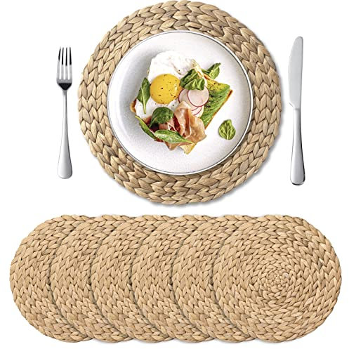 IVAILEX Round Braided Placemats Set for Dining Table, Water Hyacinth Handmade Woven Placemats Heat Resistant Non-Slip Washable Table Mats, 13.8 Inch (6 PACK)