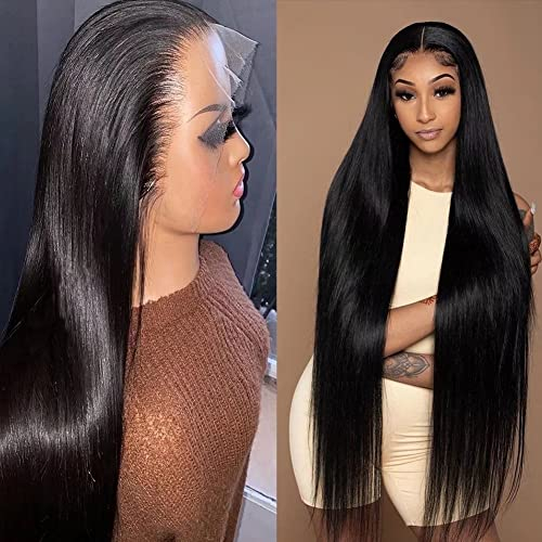Echthaar Perücke Schwarz Frauen 13x4 Transparente Spitze vorne 180% Dichte Straight Brazilian Virgin Human Hair Wig Natural Color 32 inch