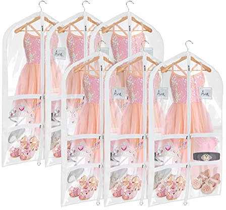 Univivi Clear PVC Dance Costume Bags (6 Pack) Garment Bag 40 Inch for Dance Competitions, with 4 Medium Clear Zipper Pockets and 1 Large Back Zippered Pocket [Upgraded Version] (40'' x 24'' 6 Pack)