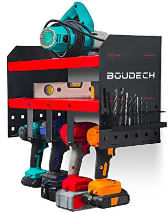 BOUDECH Taka - Mensola portautensili da garage in acciaio organizer a 2 ripiani per utensili elettrici supporto a parete per trapani, punte e giraviti
