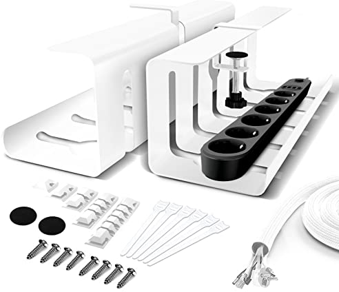 Lannvan Raccogli Cavi Sotto Scrivania - Set da 2 Portacavi - per la Gestione di Cavi e Prese - 40cm Canalina Passacavi - No Fori da Trapano - Bianco