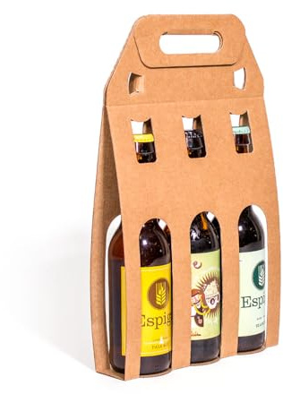 Pack 25 unidades - Expositor 3 botellas de cerveza - color marrón. Portabotellas de cartón. Esuche para botellas ideal tamaño 33cl con ventana troquelada y asa. Caja cartón para cervezas
