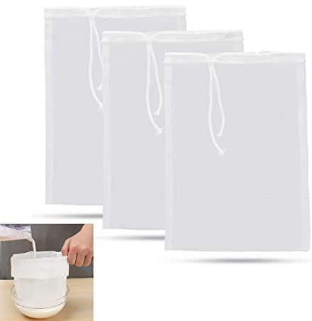 3pcs Brew Bag Filter,Fine Mesh Nylon Straining Bag,Washable Strainer Bags,Reusable Micron Fine Mesh Filter Bags with Rope for Nut Milk,Green Juice,Cold Brew,Home Brewing(200 Mesh,20x30cm)