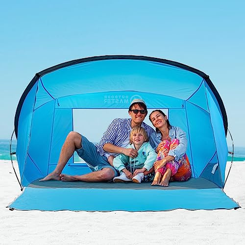 OutdoorMaster Strandzelt für 3 Personen – einfacher Aufbau und tragbarer Strand-Sonnenschutz, Sonnendach mit UPF 50+ UV-Schutz, abnehmbares Dachfenster, Familiengröße, Blau